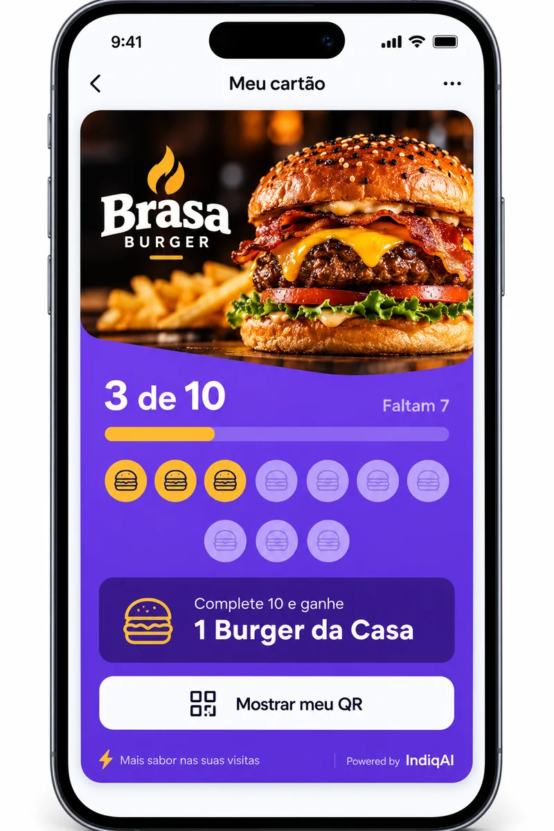 Cartão de demonstração da marca fictícia Brasa Burger: três de dez selos, progresso e um hambúrguer como recompensa.